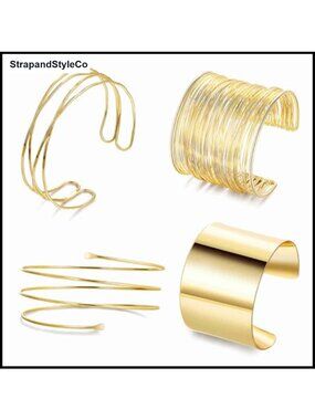 Chunky Gold Arm Cuff Bracelet Set Open Stackable Layering Jewelry